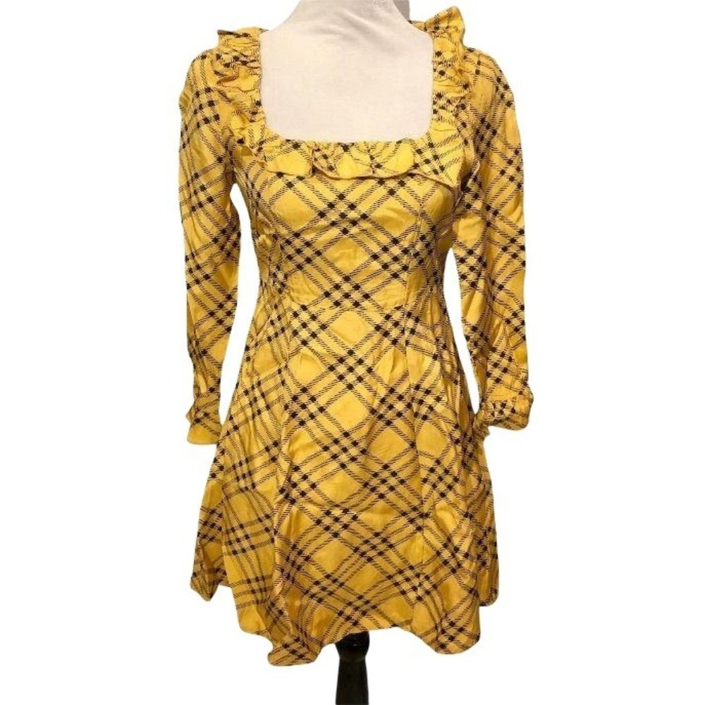 Urban Outfitters Kristen Square Neckline Dress Small Plaid Ruffles Yellow Black